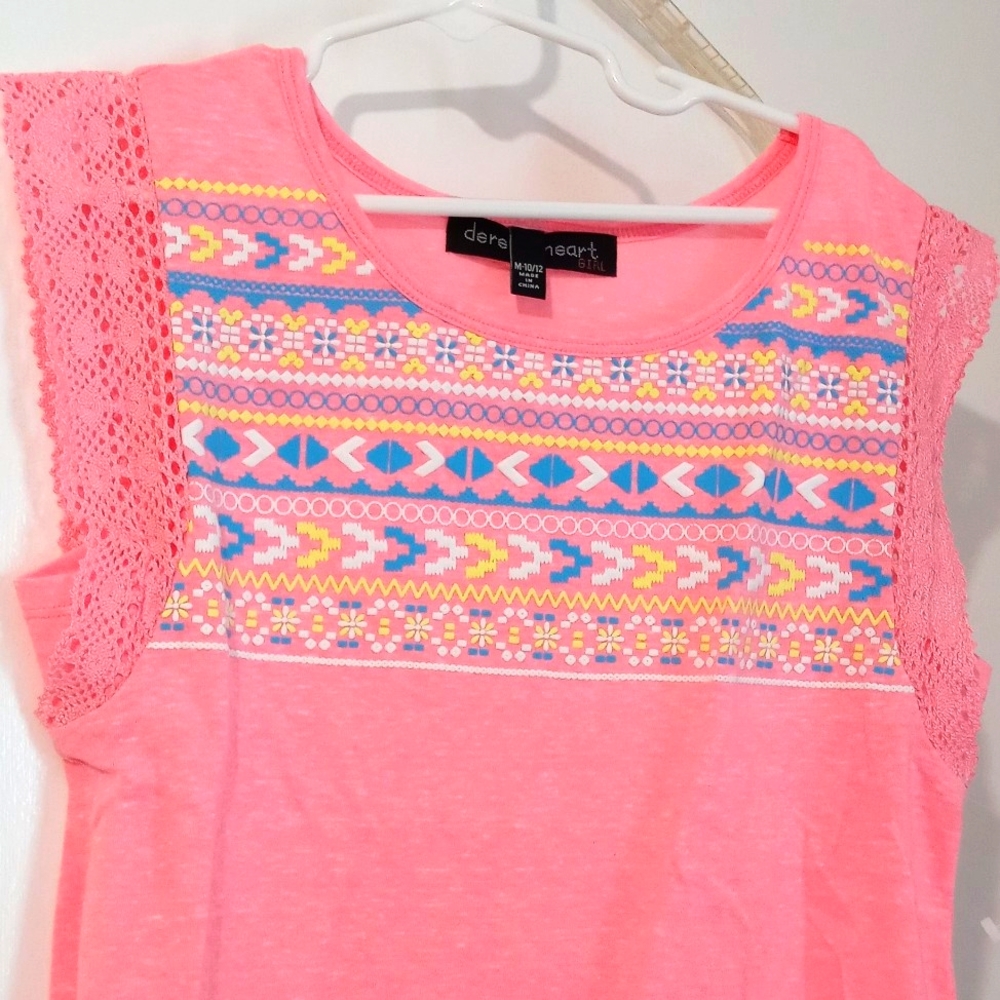 Derek Heart Girl Pink Sleeveless Crochet Lace Puff Print Crew Neck Shirt M 10/12